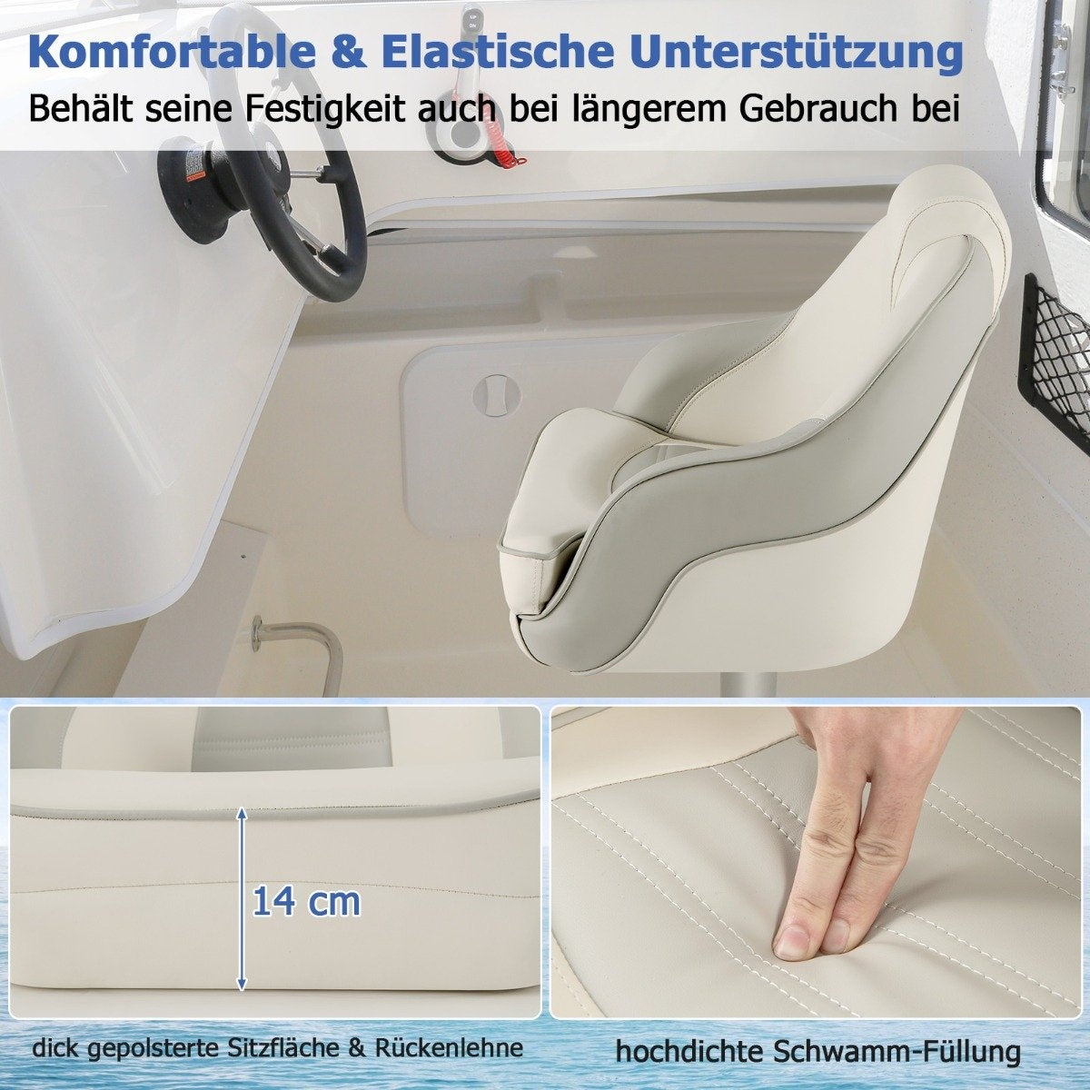 Padded Boat Seat with Waterproof PVC Leather & Thick Sponge Padding Boat Chair White