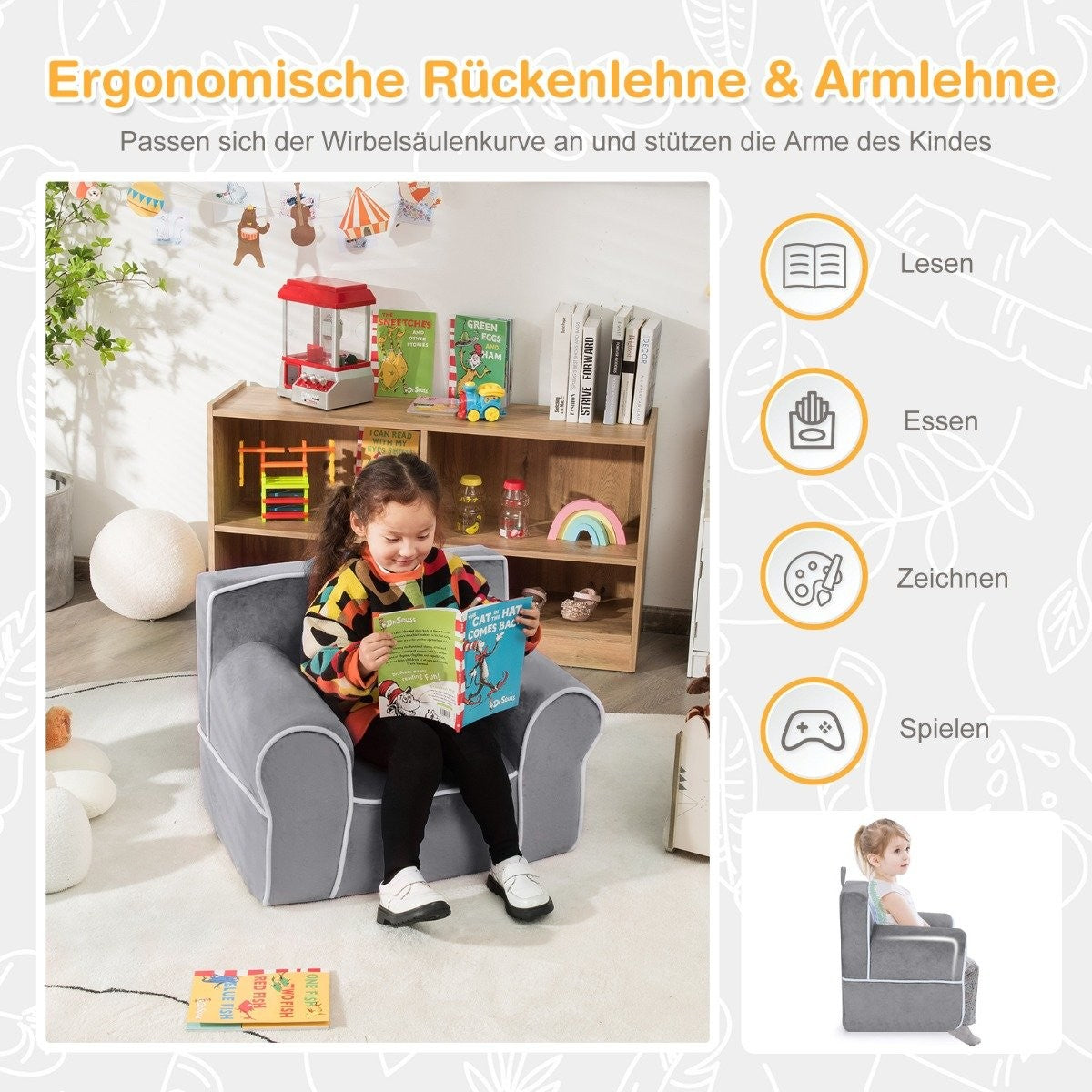 Padded children's sofa with foam filling & armrest & handle 68 x 46 x 50 cm gray