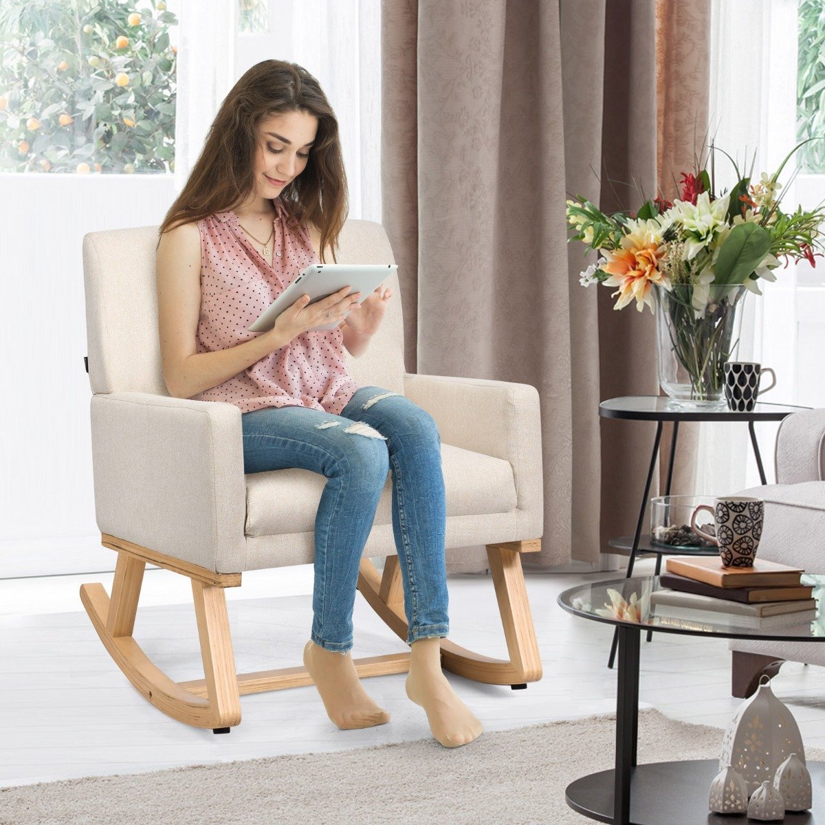 Padded rocking chair made of solid wood rocking chair swing chair relaxation chair beige