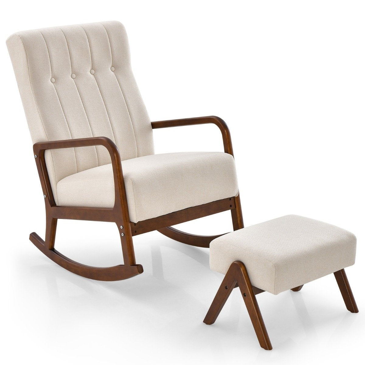 Padded rocking chair with stool & cushions Rocking chair with wooden frame beige