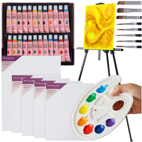 Painting Set with Easel, 24 Acrylic Paints, 3 Canvases