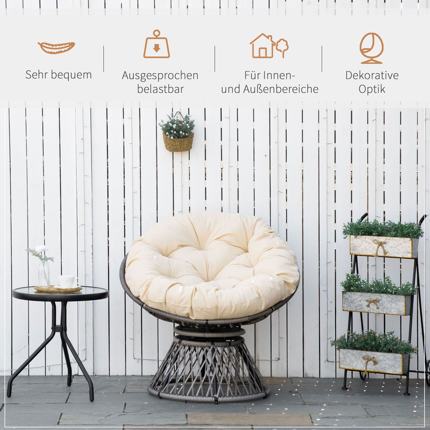 Wicker Papasan chair with cushion, 360° metal frame, cream