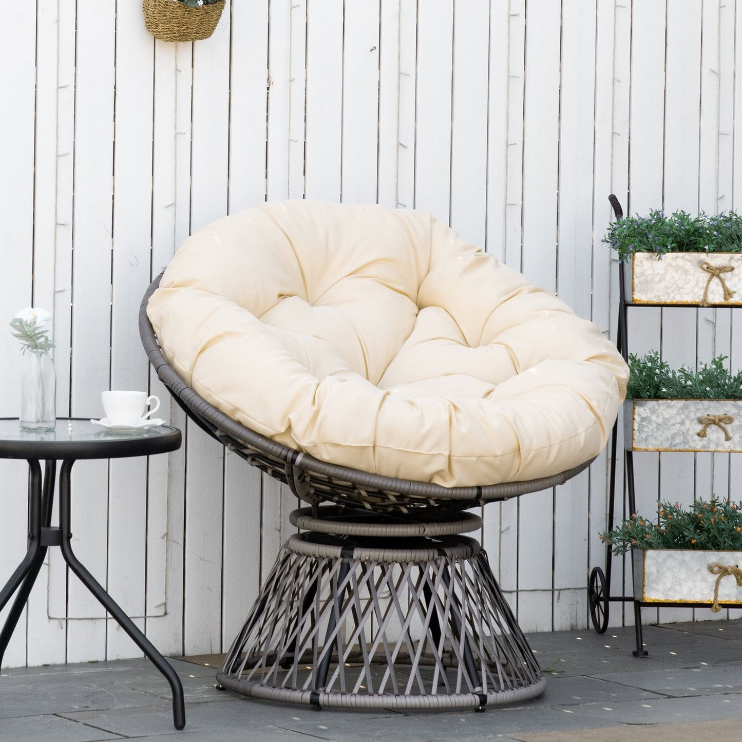 Wicker Papasan chair with cushion, 360° metal frame, cream