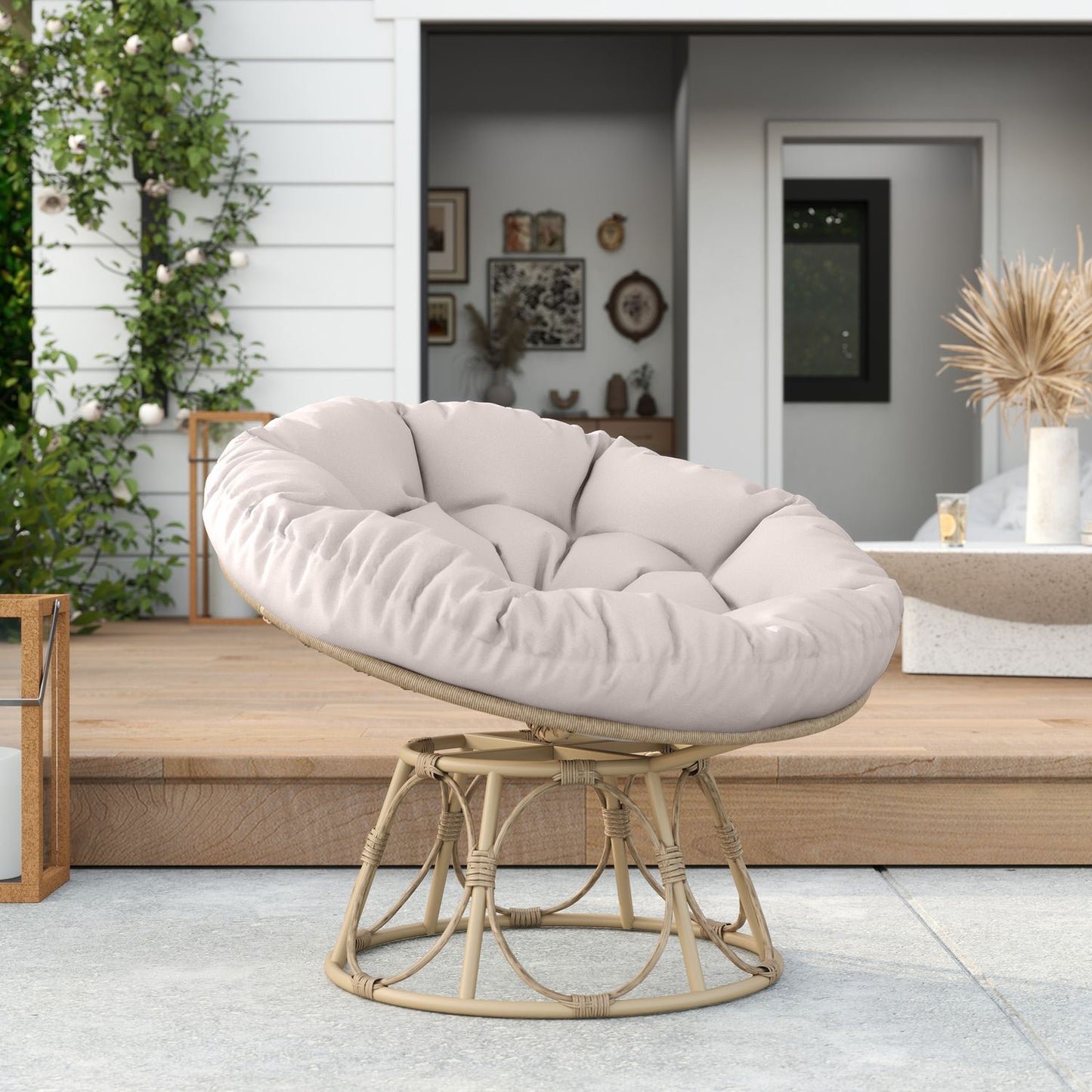 Papasan chair, 360° rotatable, rattan with cushion, light grey