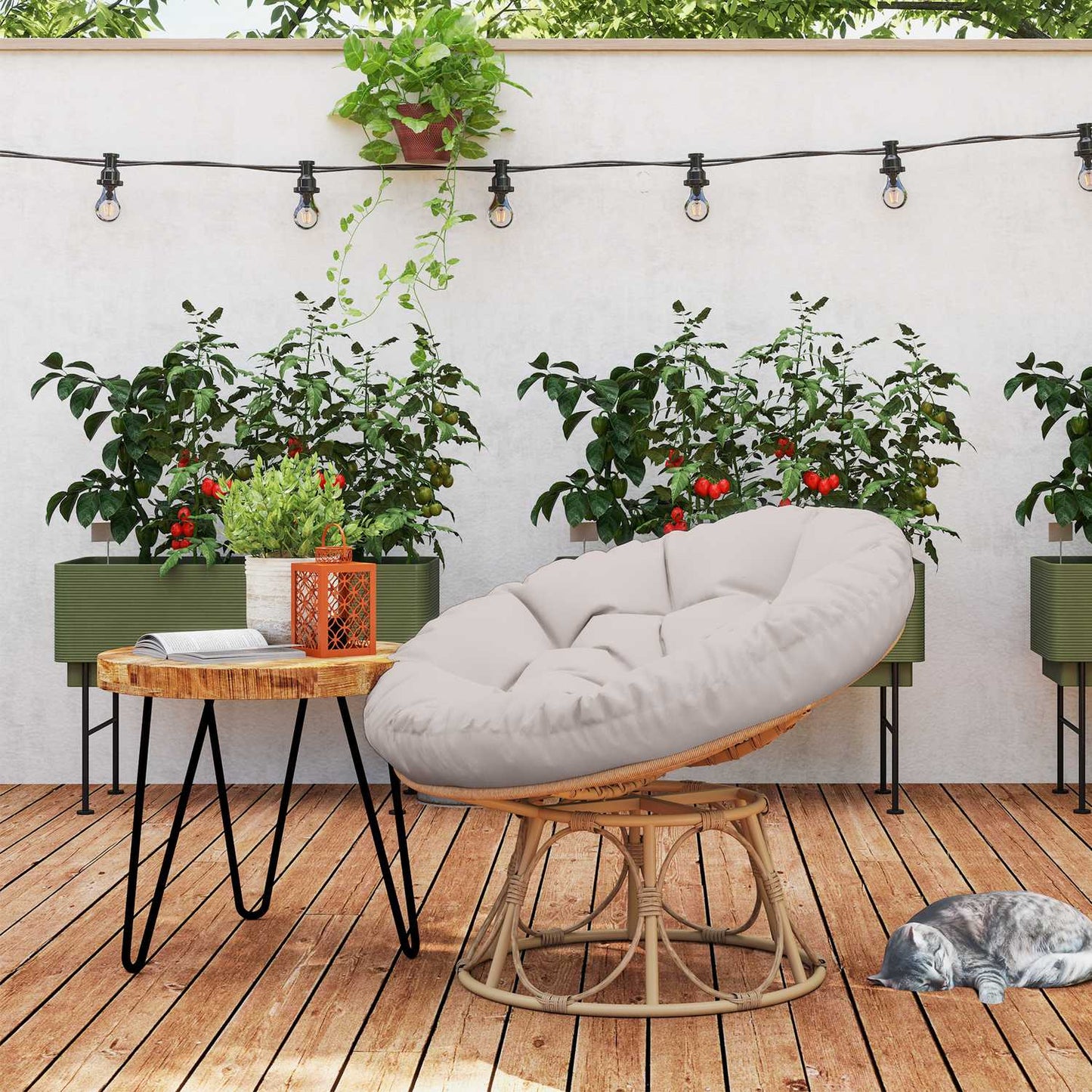 Papasan chair, 360° rotatable, rattan with cushion, light grey