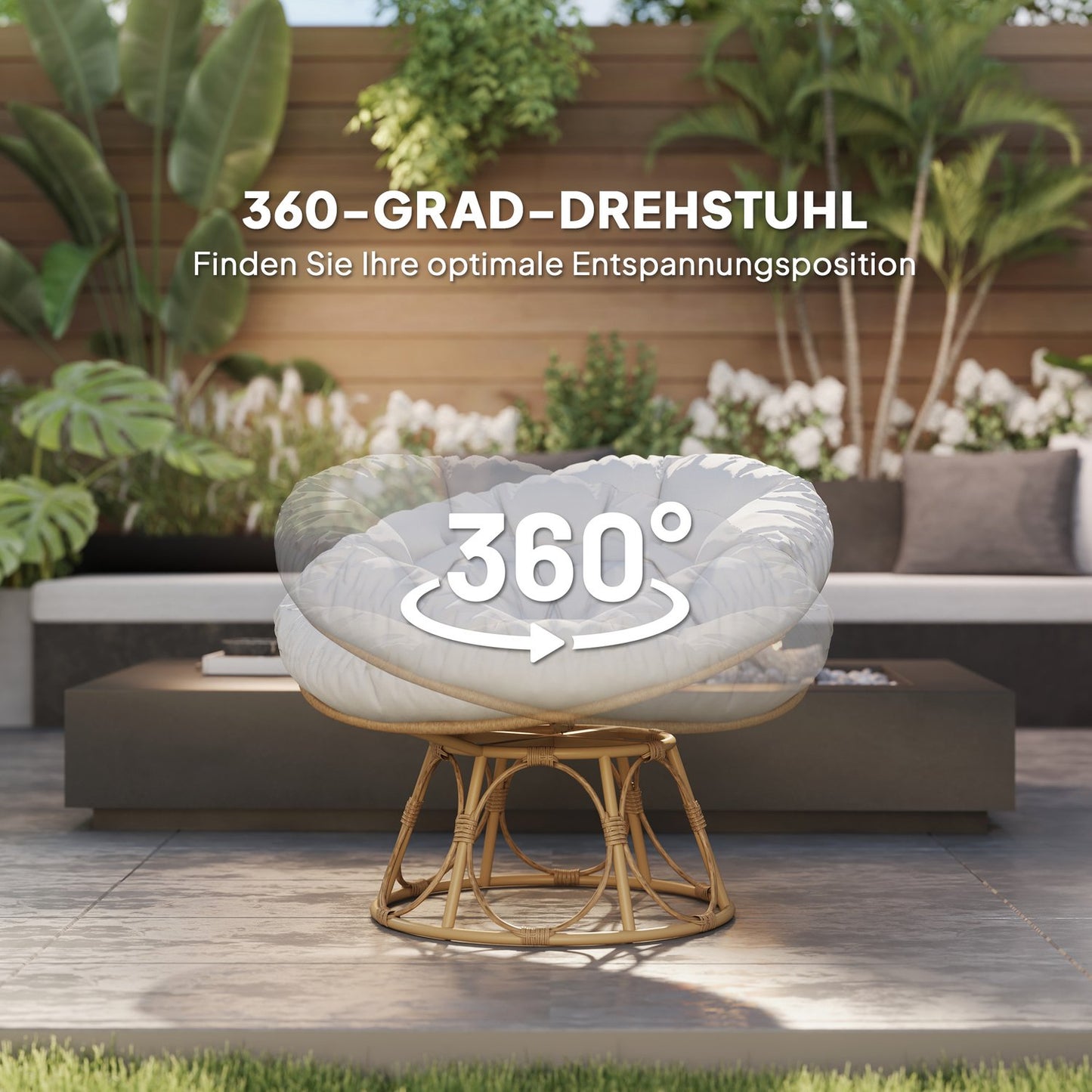 Papasan chair, 360° rotatable, rattan with cushion, light grey