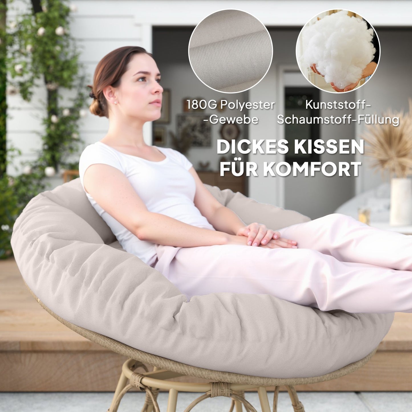 Papasan chair, 360° rotatable, rattan with cushion, light grey