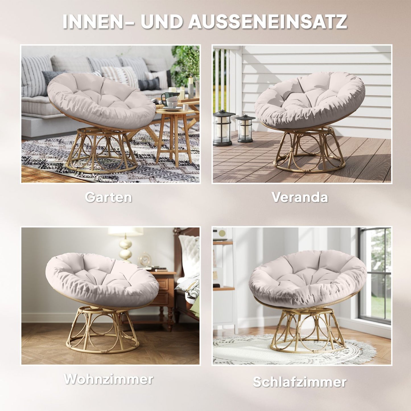 Papasan chair, 360° rotatable, rattan with cushion, light grey