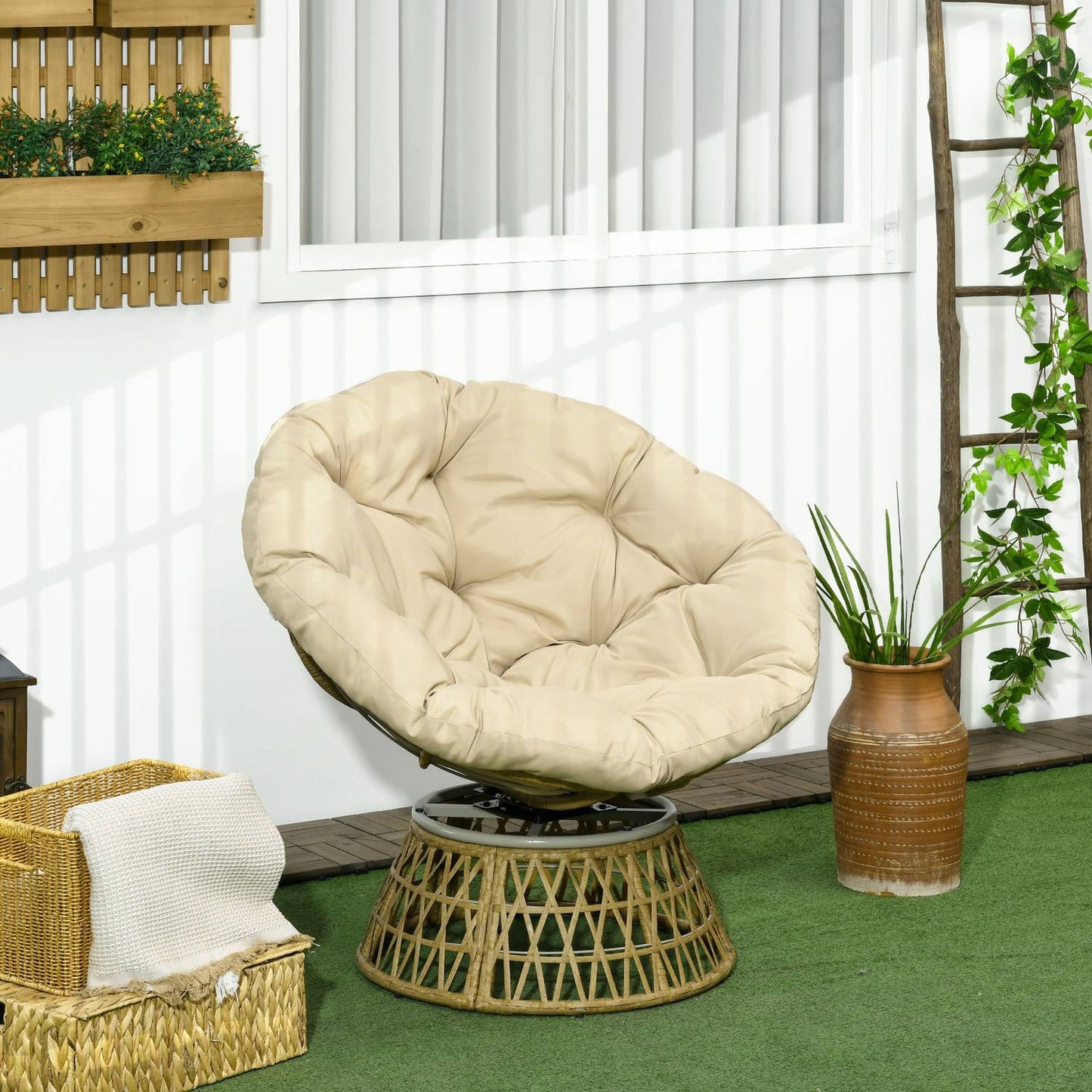 Rattan Rattan Papasan Chair with Cushion - Khaki, 360° adjustable