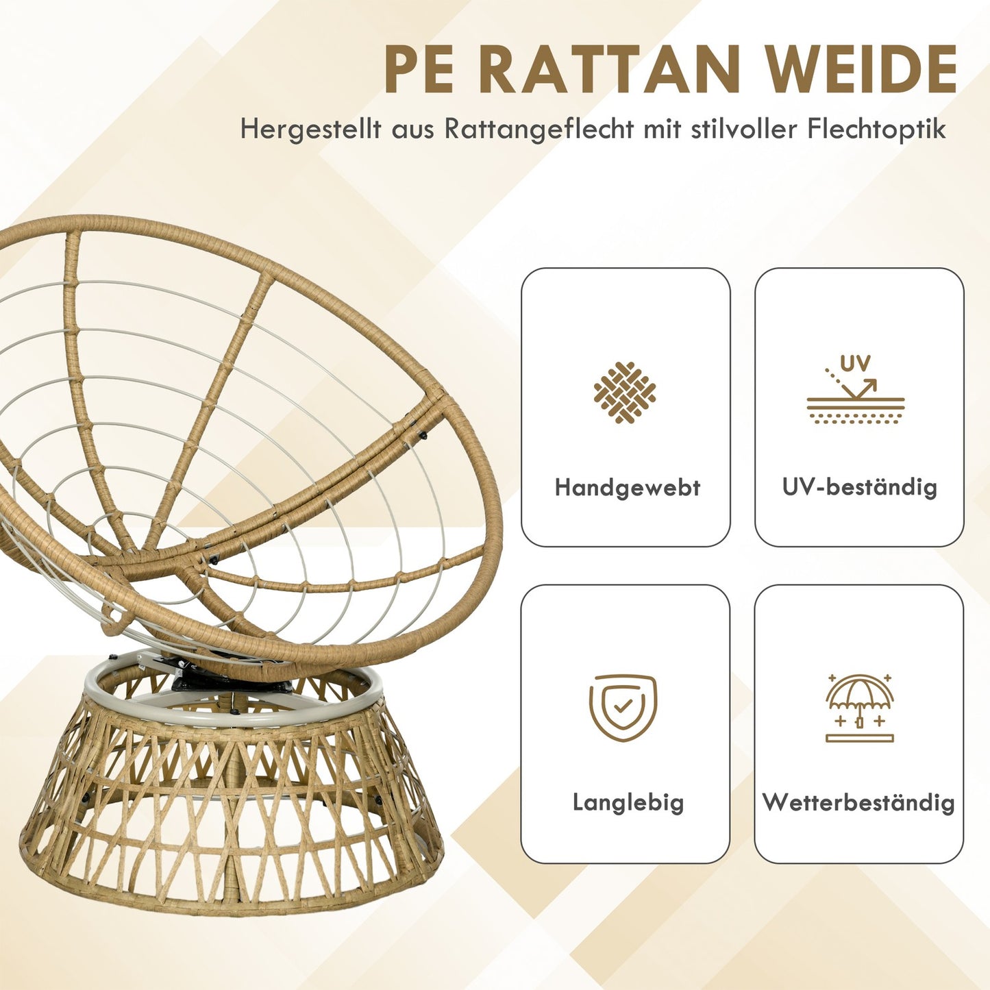 Rattan Rattan Papasan Chair with Cushion - Khaki, 360° adjustable