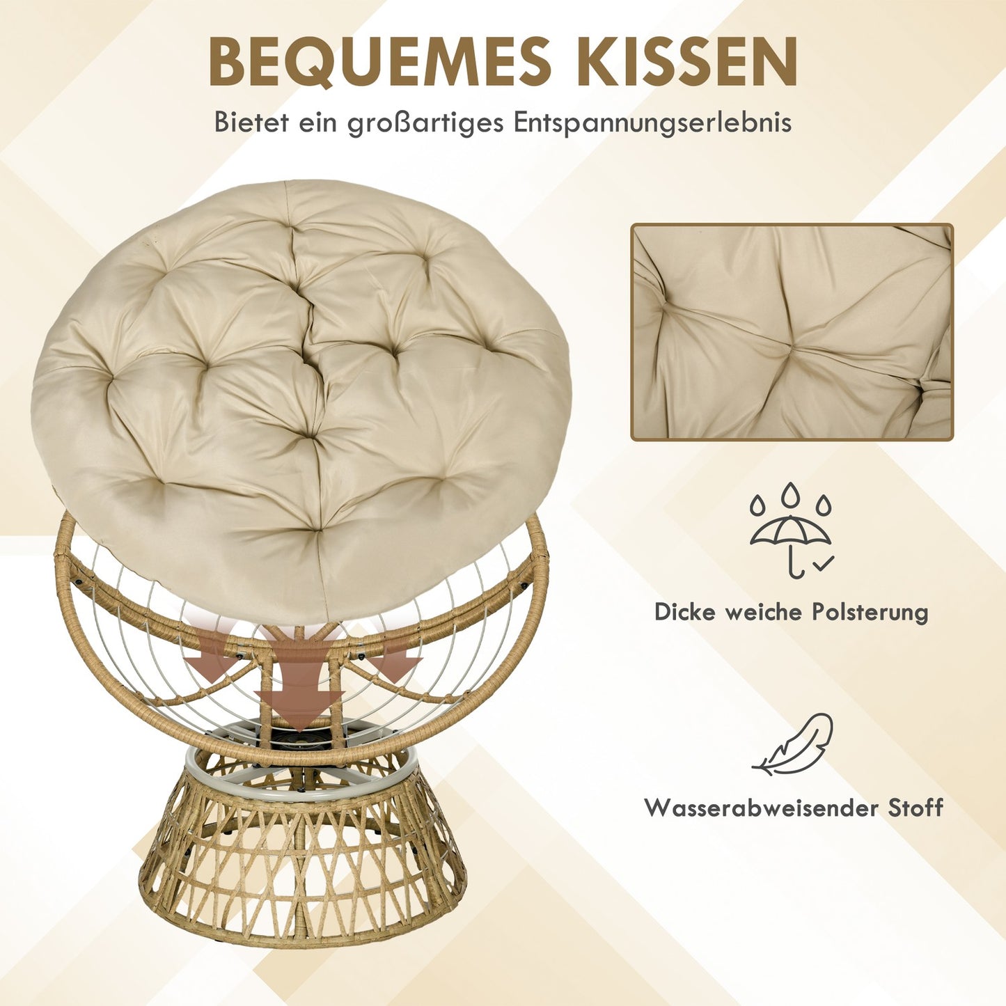 Rattan Rattan Papasan Chair with Cushion - Khaki, 360° adjustable