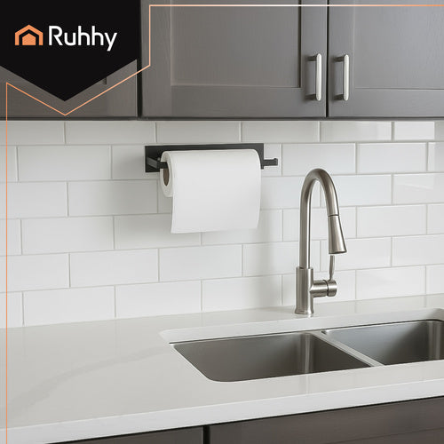 Paper Towel Holder, Black Metal, No-Drill Install