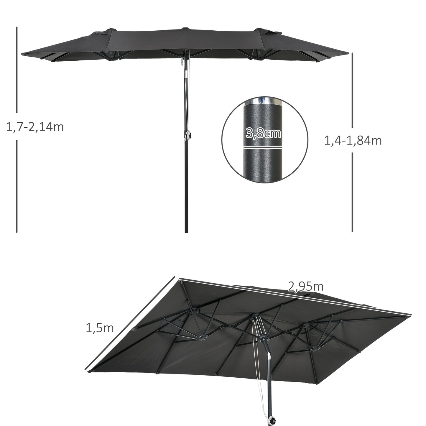 Double canopy patio umbrella, adjustable tilt, 150 x 295 cm