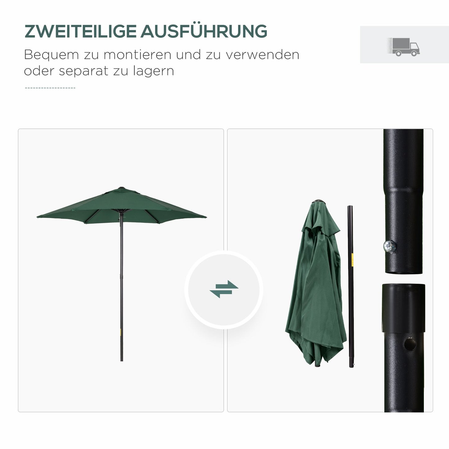 Green hexagonal parasol Ø196 cm, windproof for beach/garden