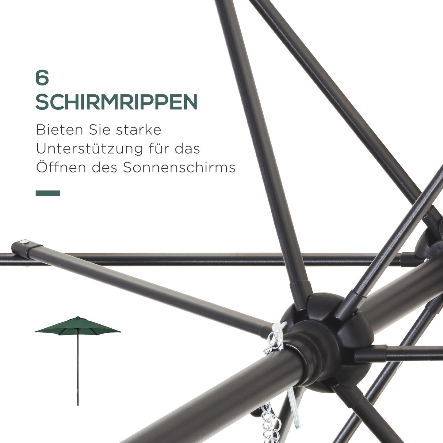 Green hexagonal parasol Ø196 cm, windproof for beach/garden