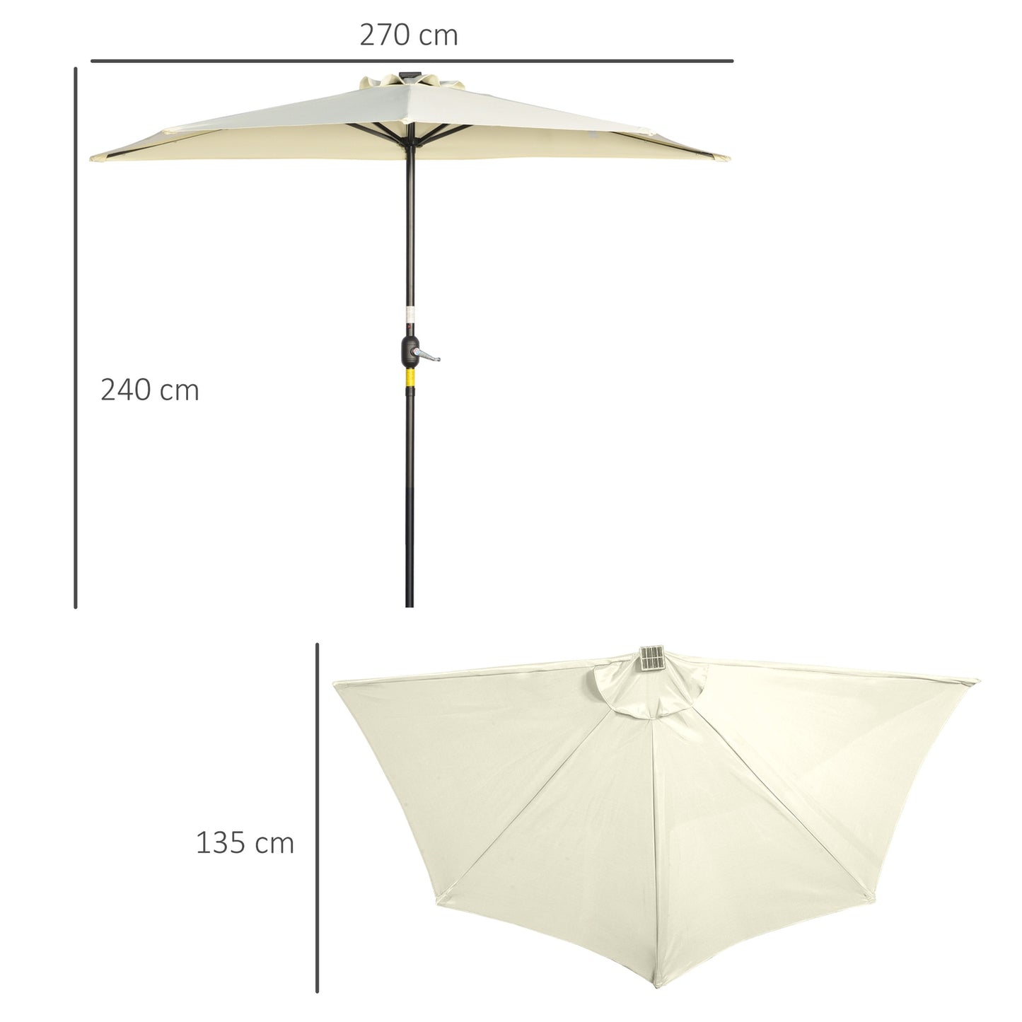 Half umbrella with LED lights, hand crank, solar panel, beige