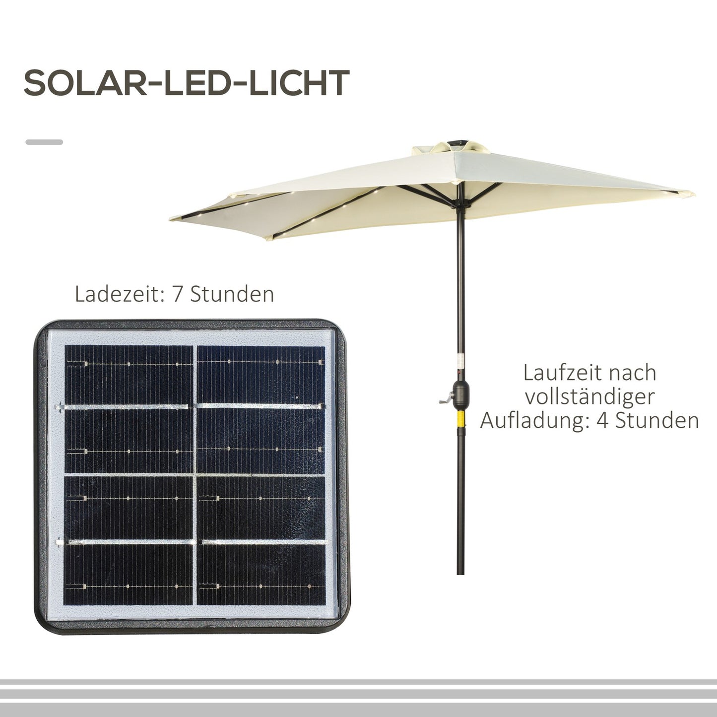 Half umbrella with LED lights, hand crank, solar panel, beige