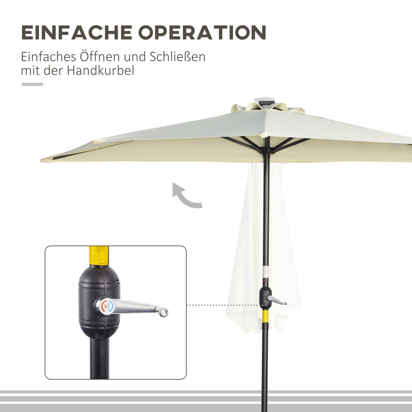 Half umbrella with LED lights, hand crank, solar panel, beige