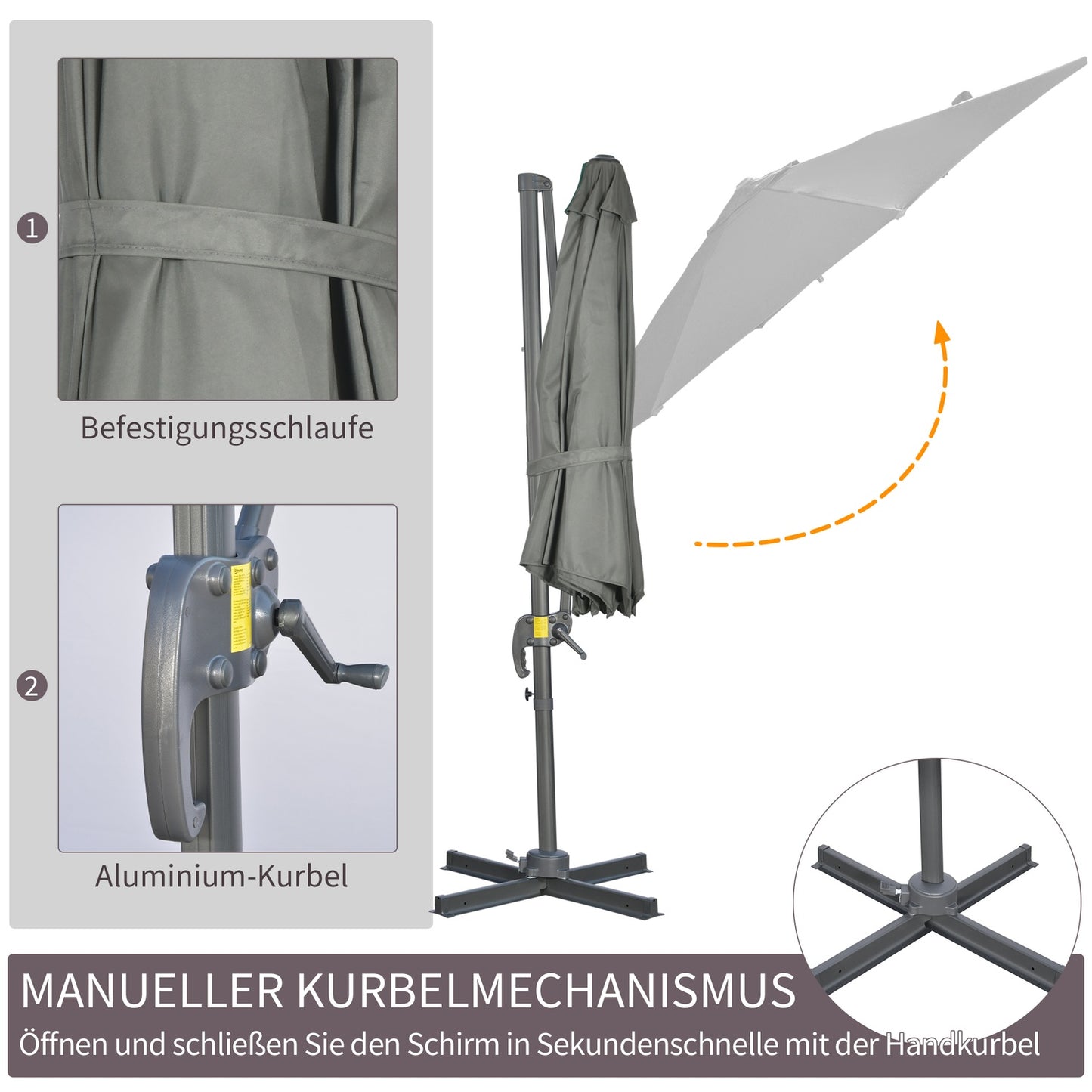 Rotating Cantilever Parasol, 294x294 cm, Grey, Aluminum Stand
