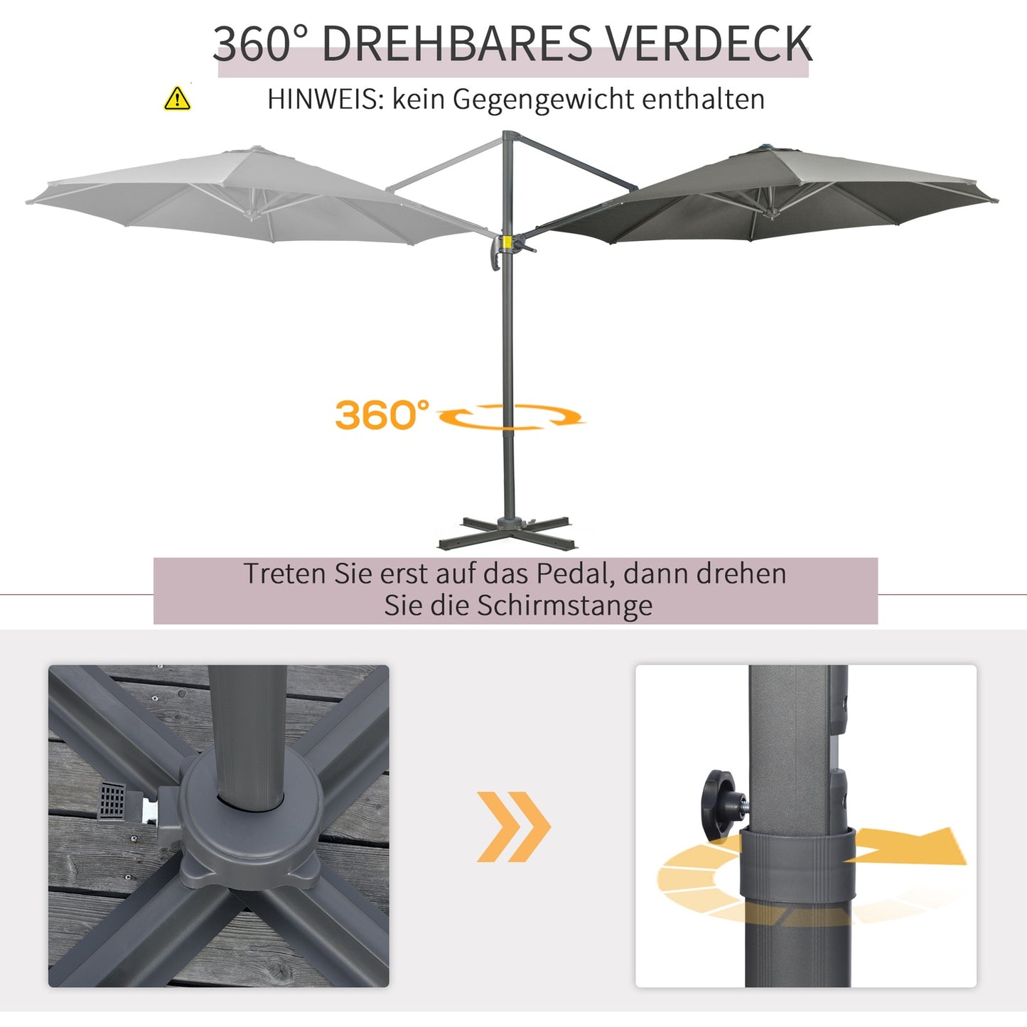 Rotating Cantilever Parasol, 294x294 cm, Grey, Aluminum Stand