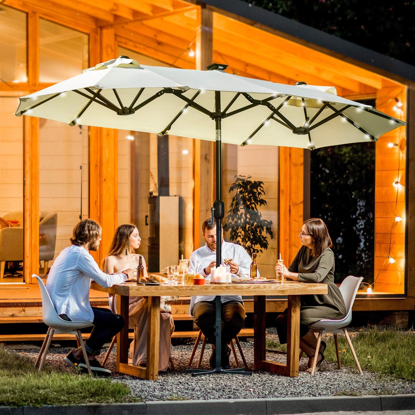 Garden double parasol with LED & adjustable tilt, Beige