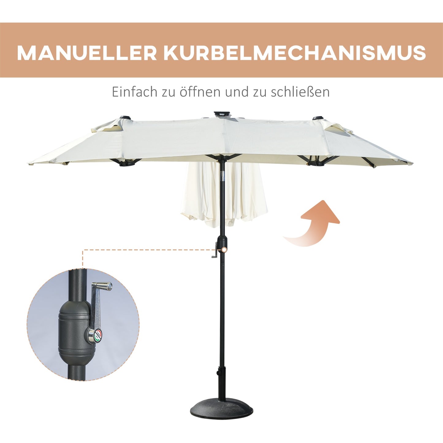 Garden double parasol with LED & adjustable tilt, Beige