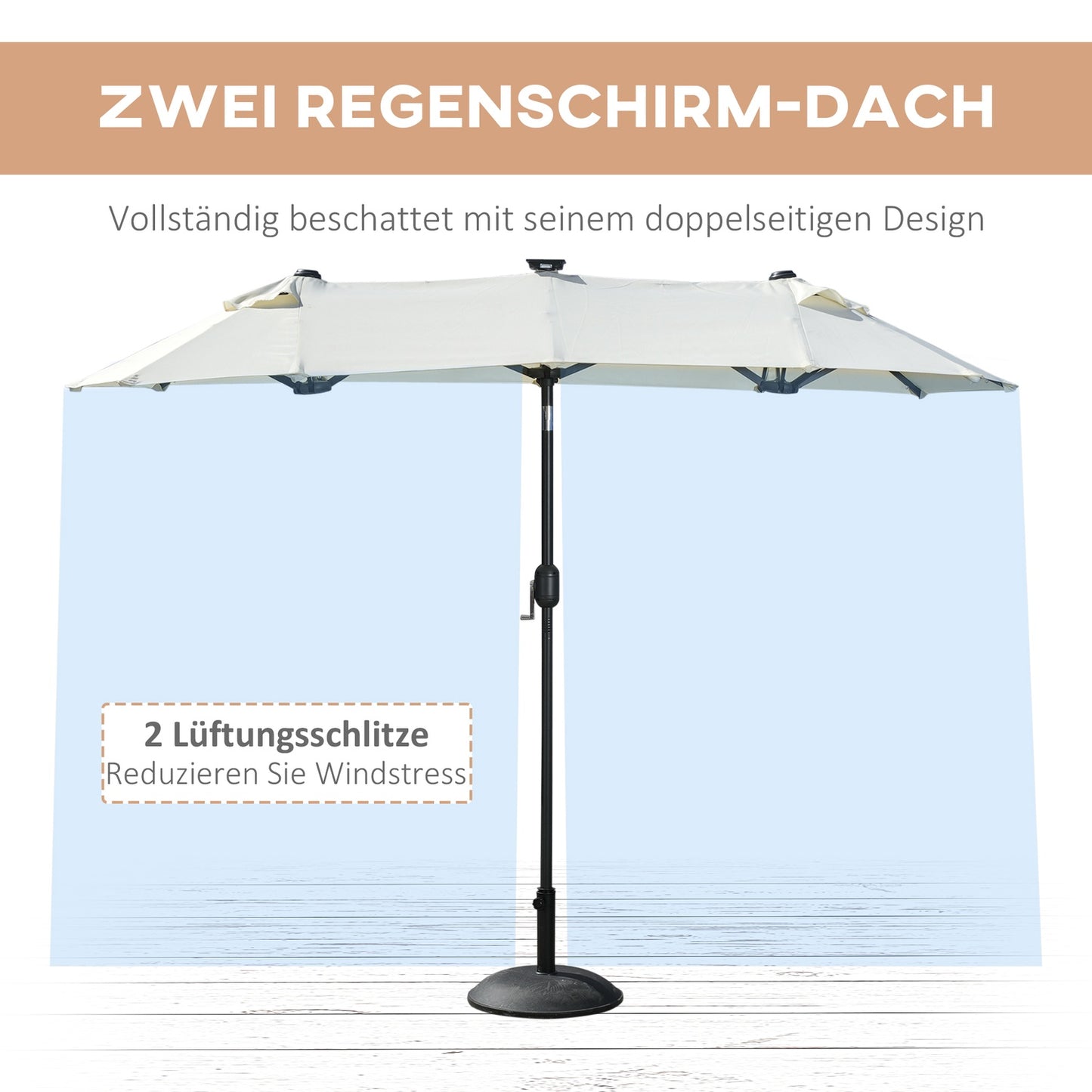Garden double parasol with LED & adjustable tilt, Beige