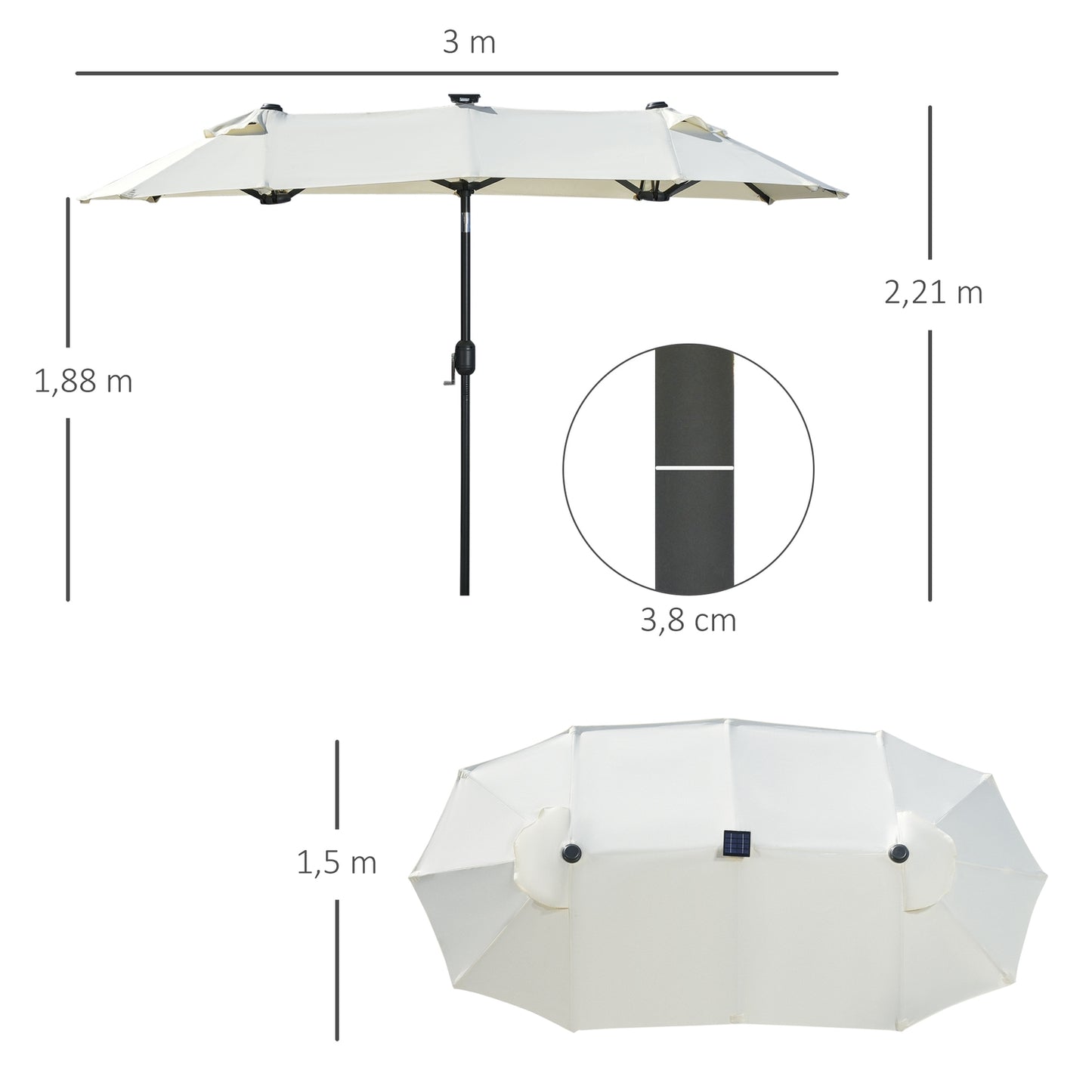 Garden double parasol with LED & adjustable tilt, Beige
