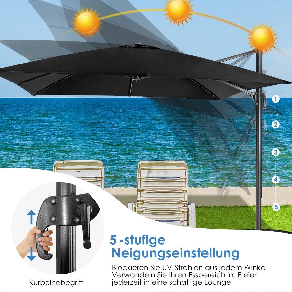 Parasol 300 x 300 cm square cantilever umbrella with crank black