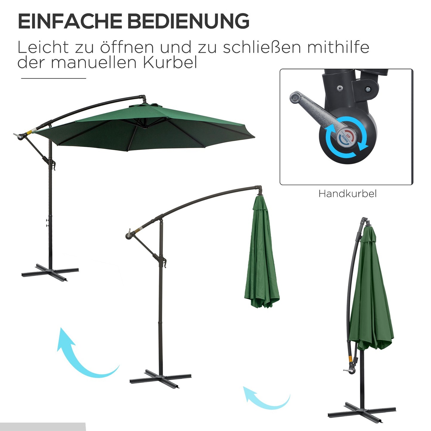 Cantilever parasol with crank, steel & green polyester