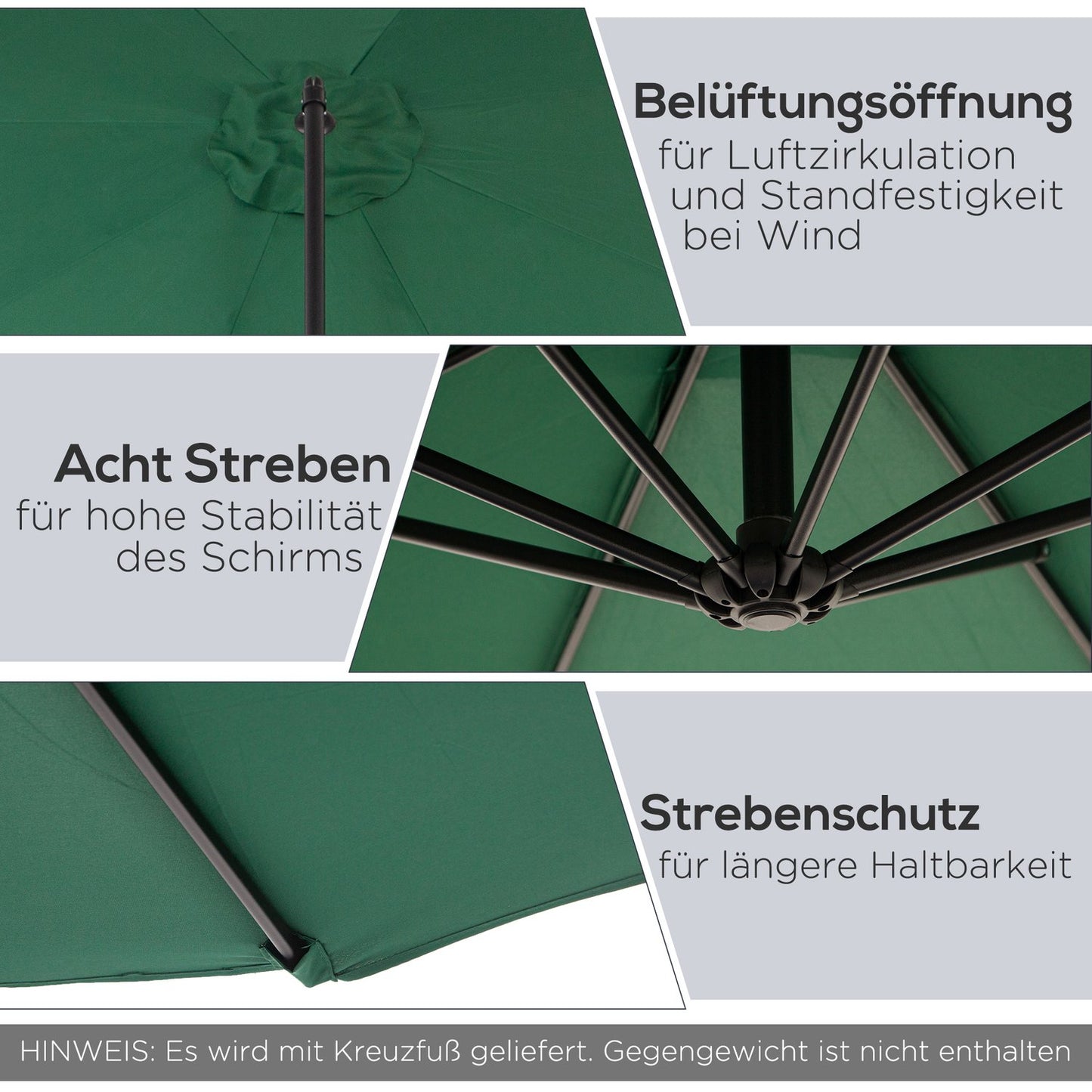 Cantilever parasol with crank, steel & green polyester