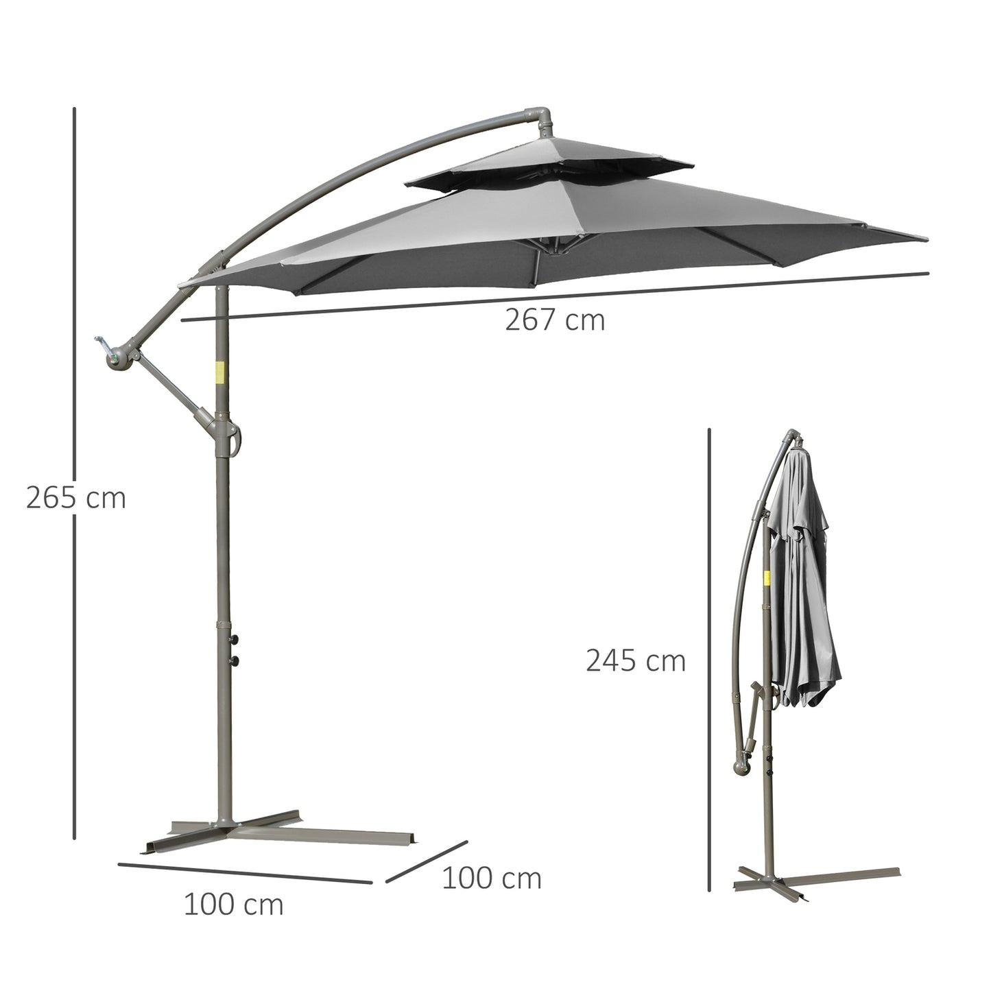 Cantilever parasol, 2.67m, double roof, polyester grey