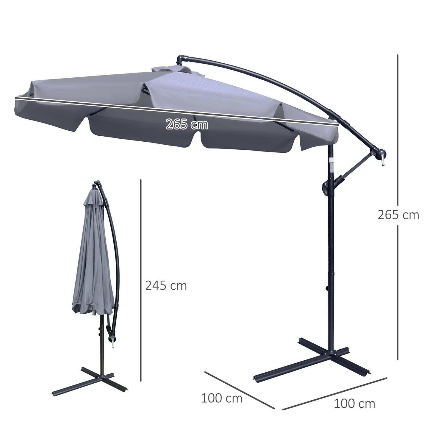 Cantilever garden umbrella, hand crank, dark gray - Ø2.65M