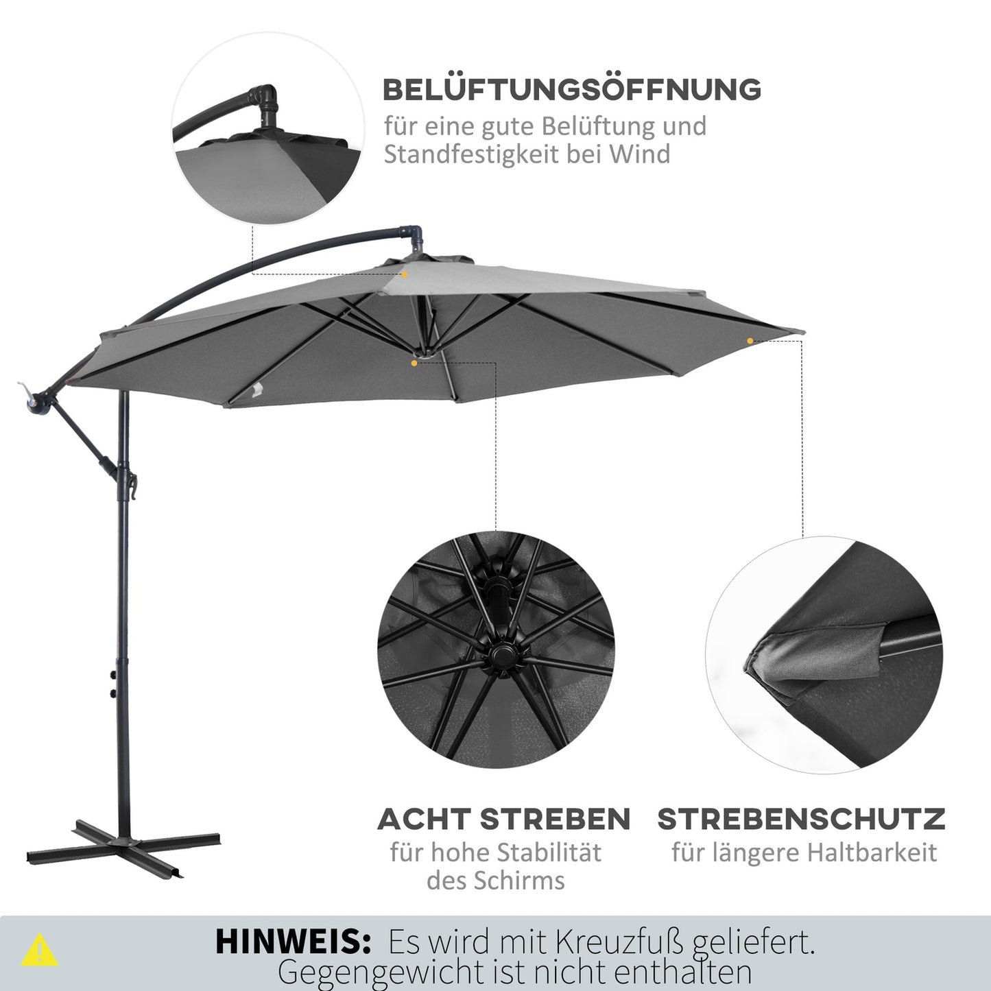 Parasol Crank Umbrella, Grey, Ø2.95x2.45M, Steel frame