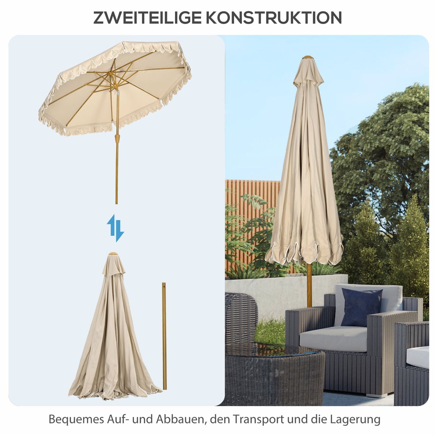 Beach umbrella 265 Cm, fringe design, adjustable tilt, khaki