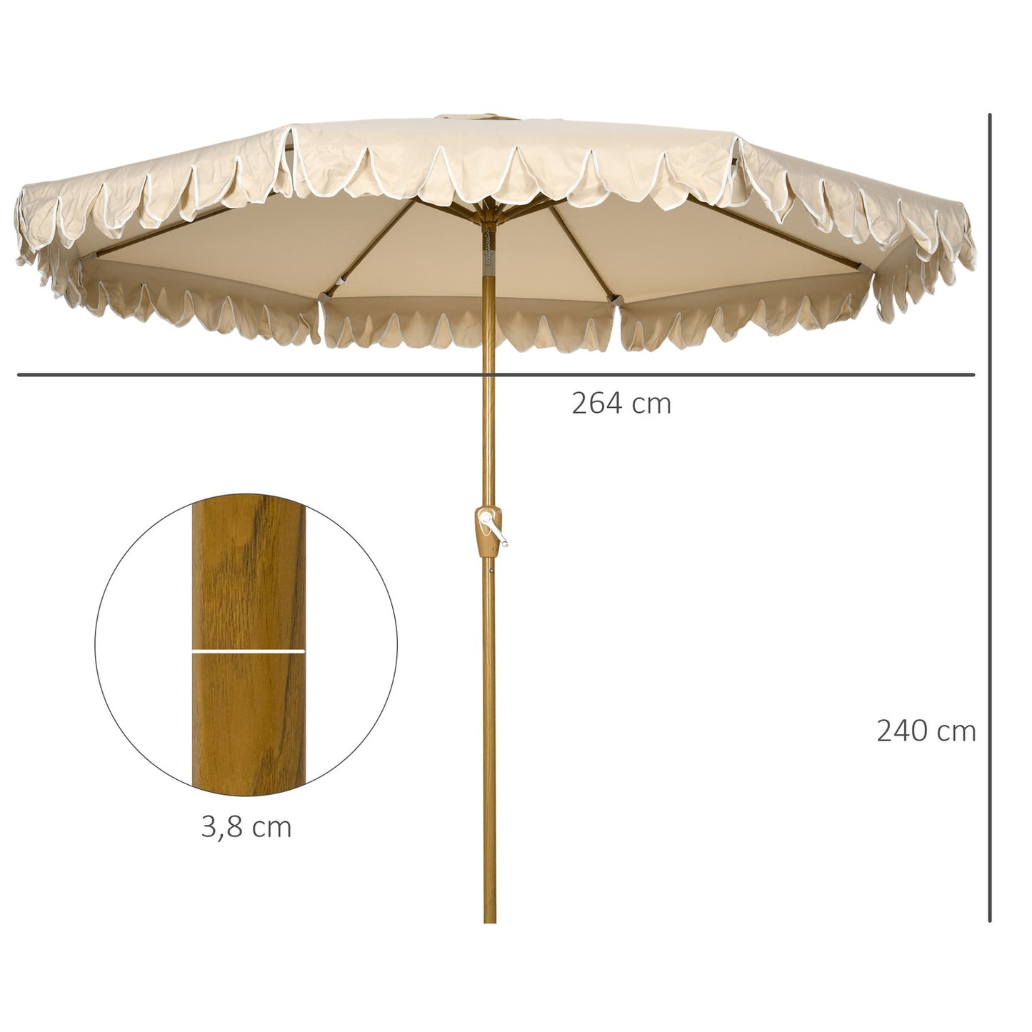 Beach umbrella 265 Cm, fringe design, adjustable tilt, khaki
