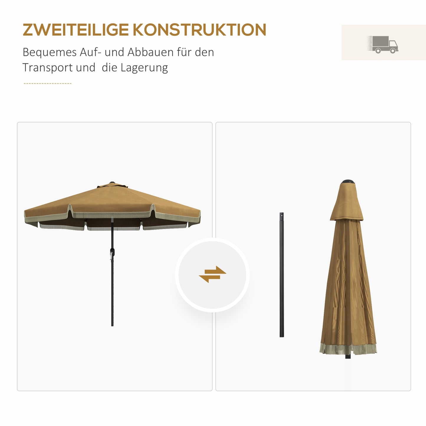 265 cm tilting patio umbrella, khaki, fringes & 8 ribs