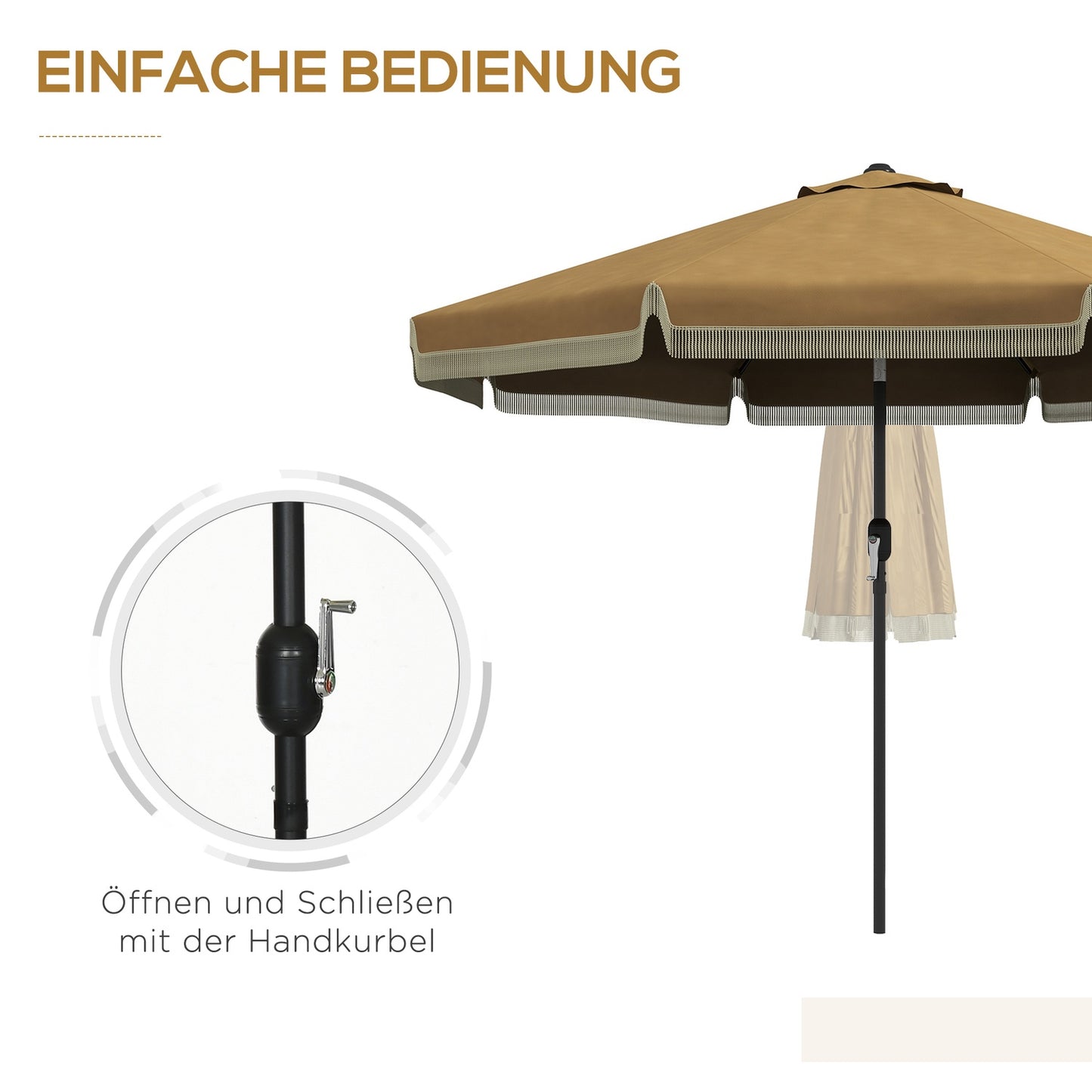 265 cm tilting patio umbrella, khaki, fringes & 8 ribs