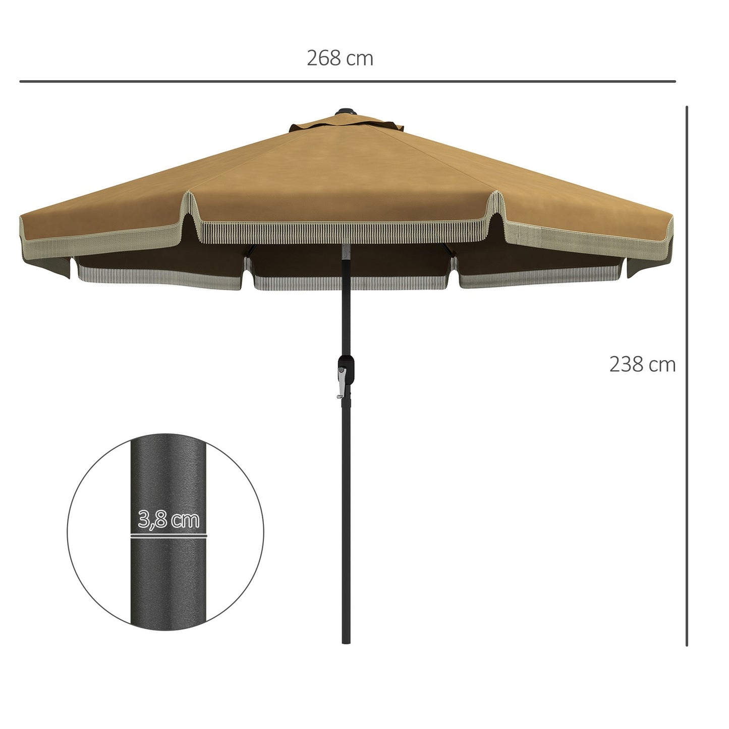 265 cm tilting patio umbrella, khaki, fringes & 8 ribs