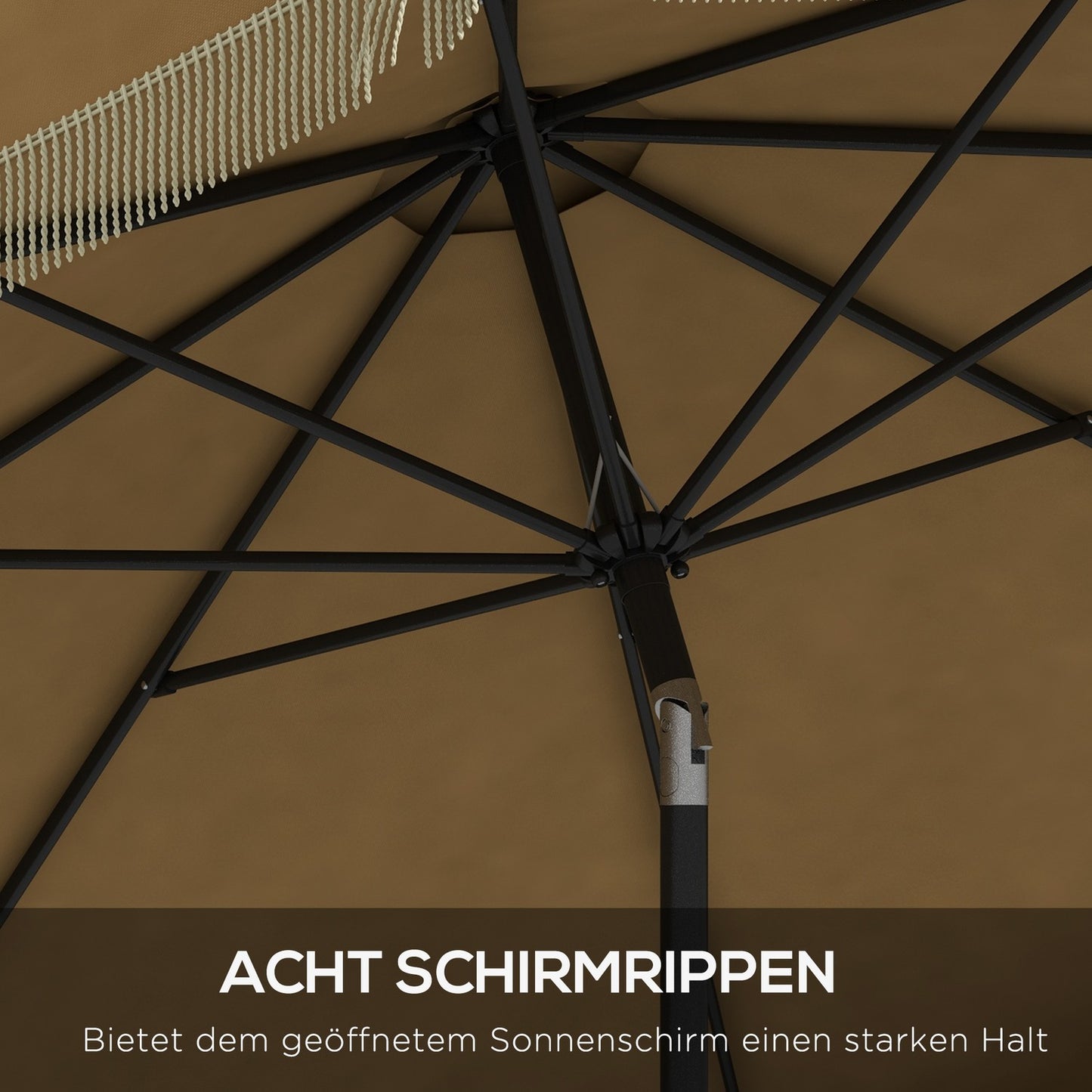 265 cm tilting patio umbrella, khaki, fringes & 8 ribs