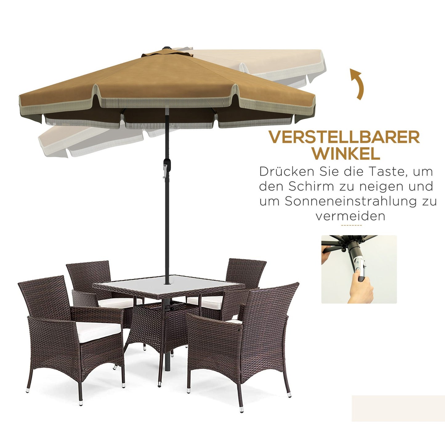 265 cm tilting patio umbrella, khaki, fringes & 8 ribs