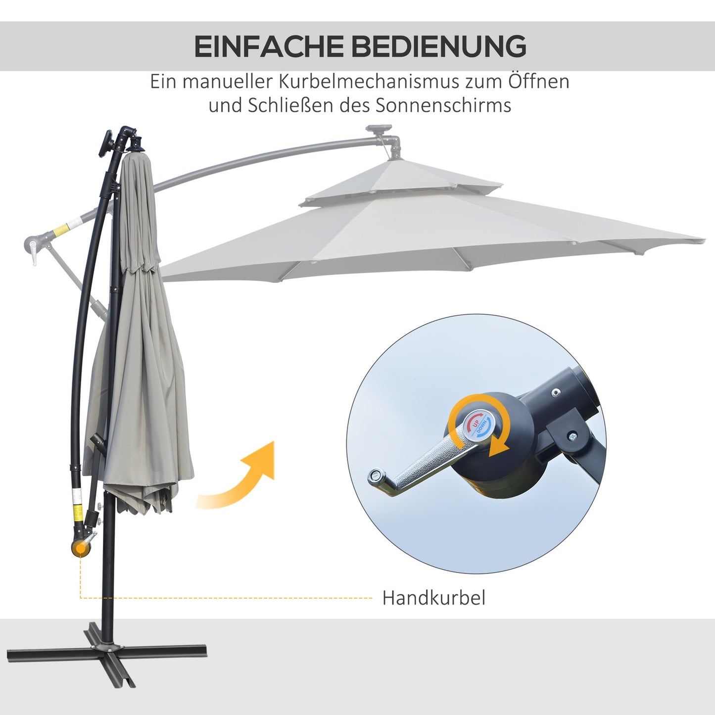 Solar LED Market Parasol, 295 cm, Water-repellent, Light grey