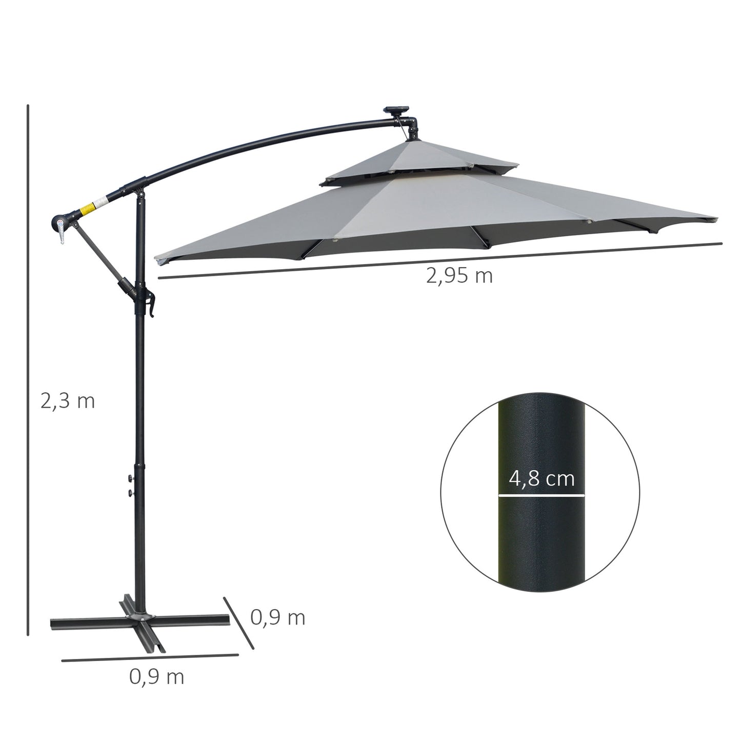 Solar LED Market Parasol, 295 cm, Water-repellent, Light grey