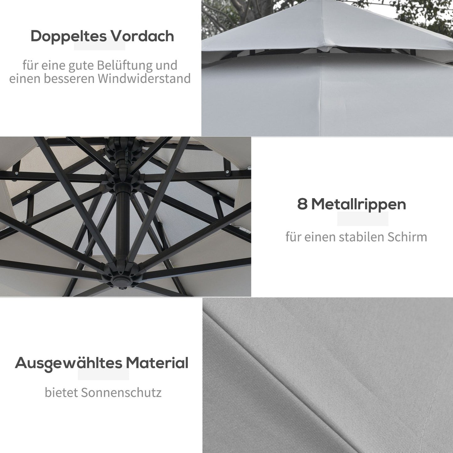 Solar LED Market Parasol, 295 cm, Water-repellent, Light grey