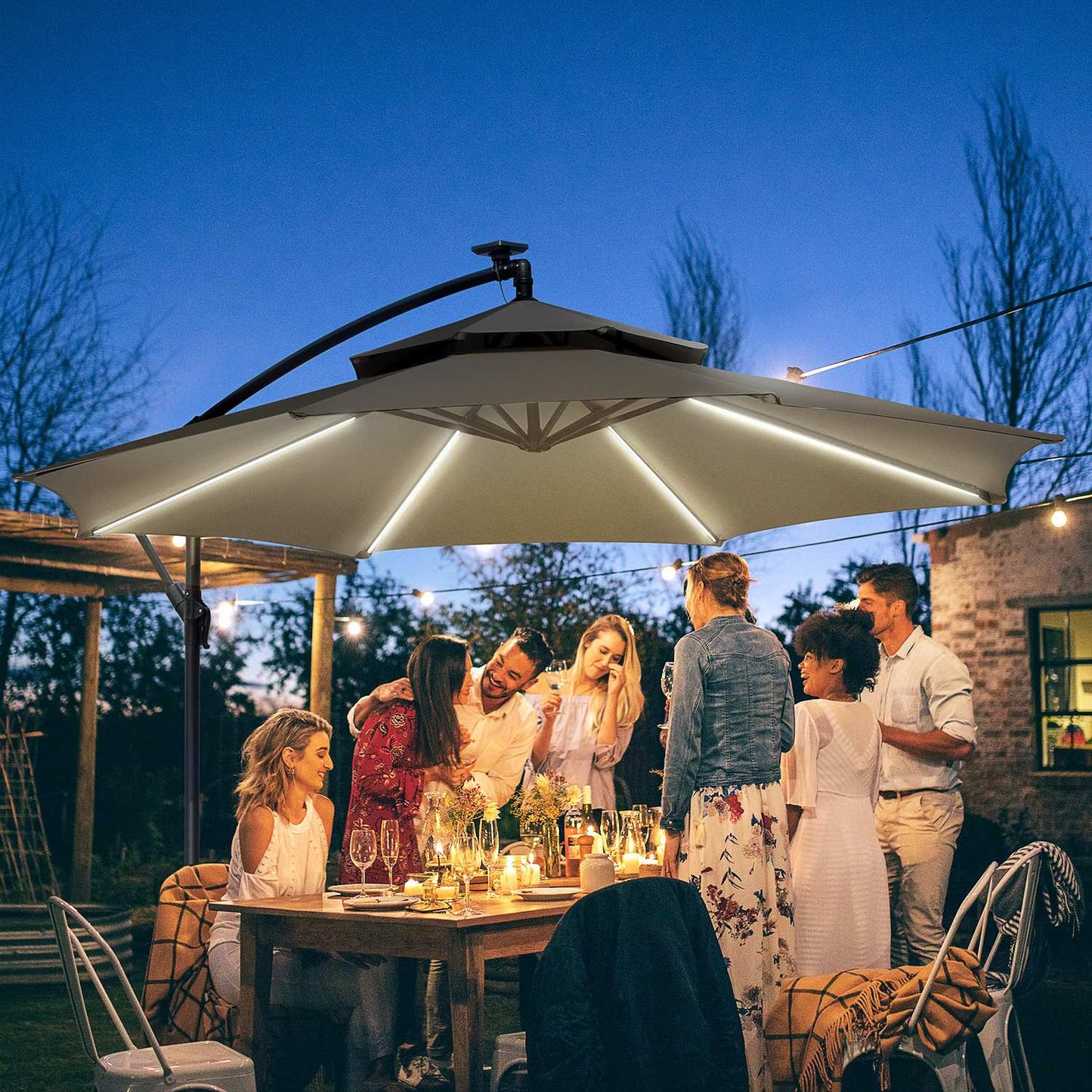 Solar LED Market Parasol, 295 cm, Water-repellent, Light grey