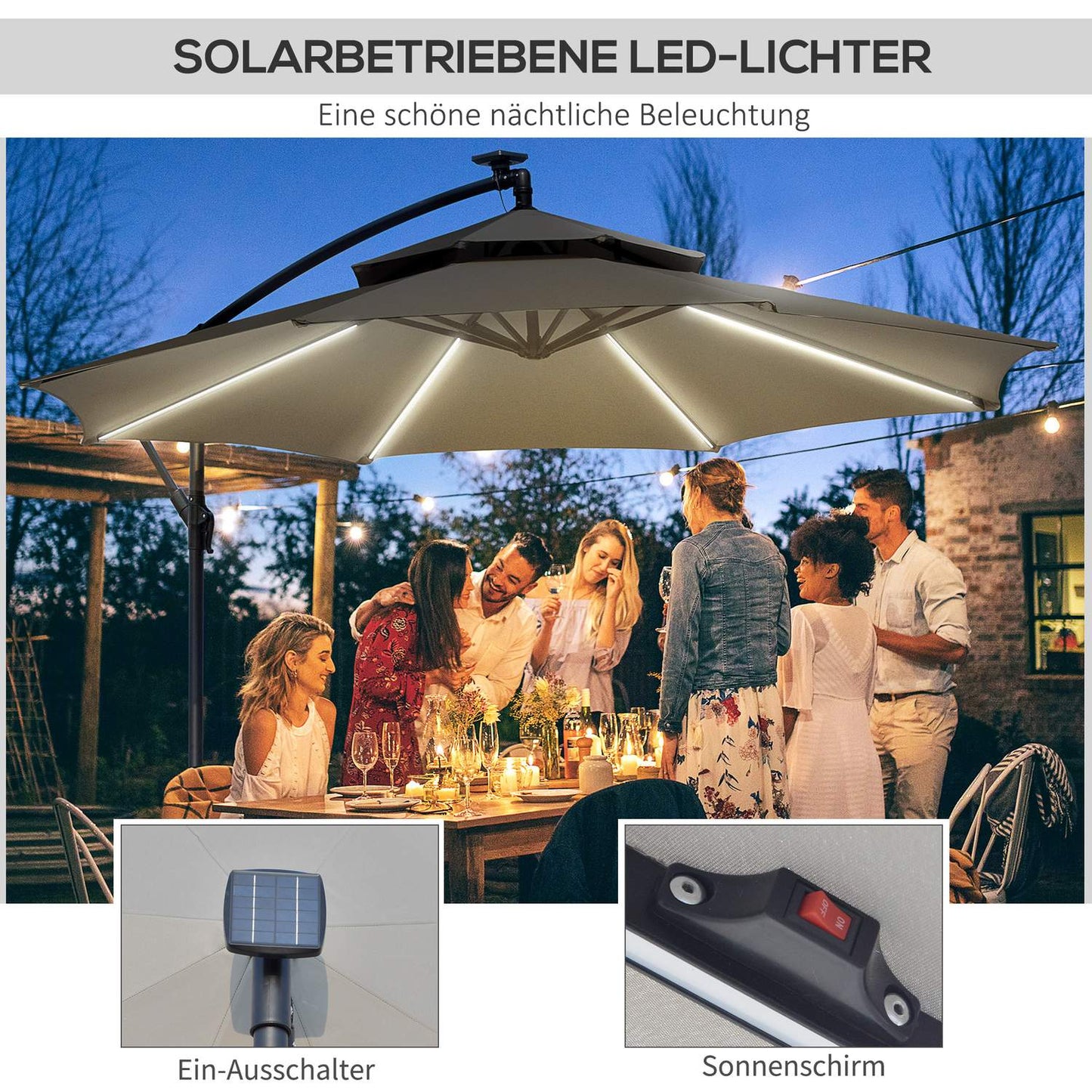 Solar LED Market Parasol, 295 cm, Water-repellent, Light grey