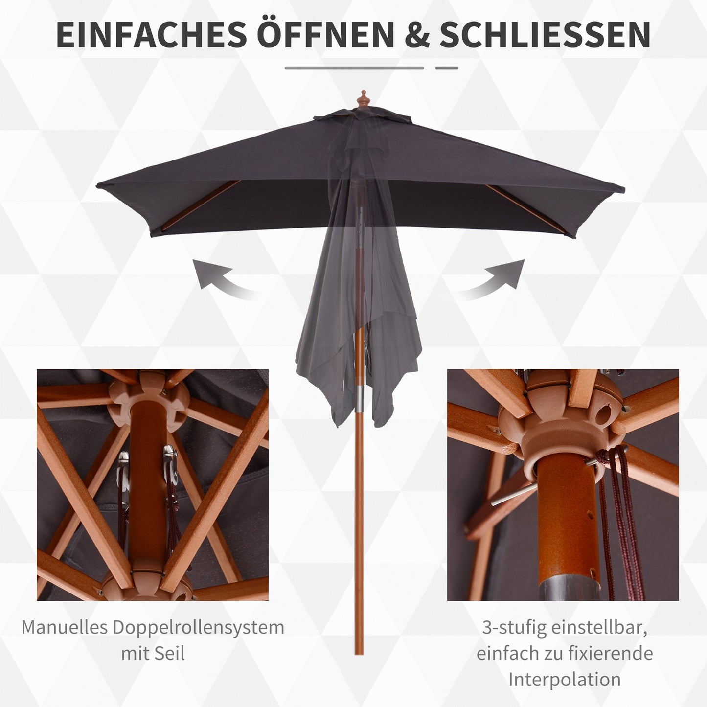 Folding Garden Umbrella - Fir Wood, Adjustable, Dark Grey