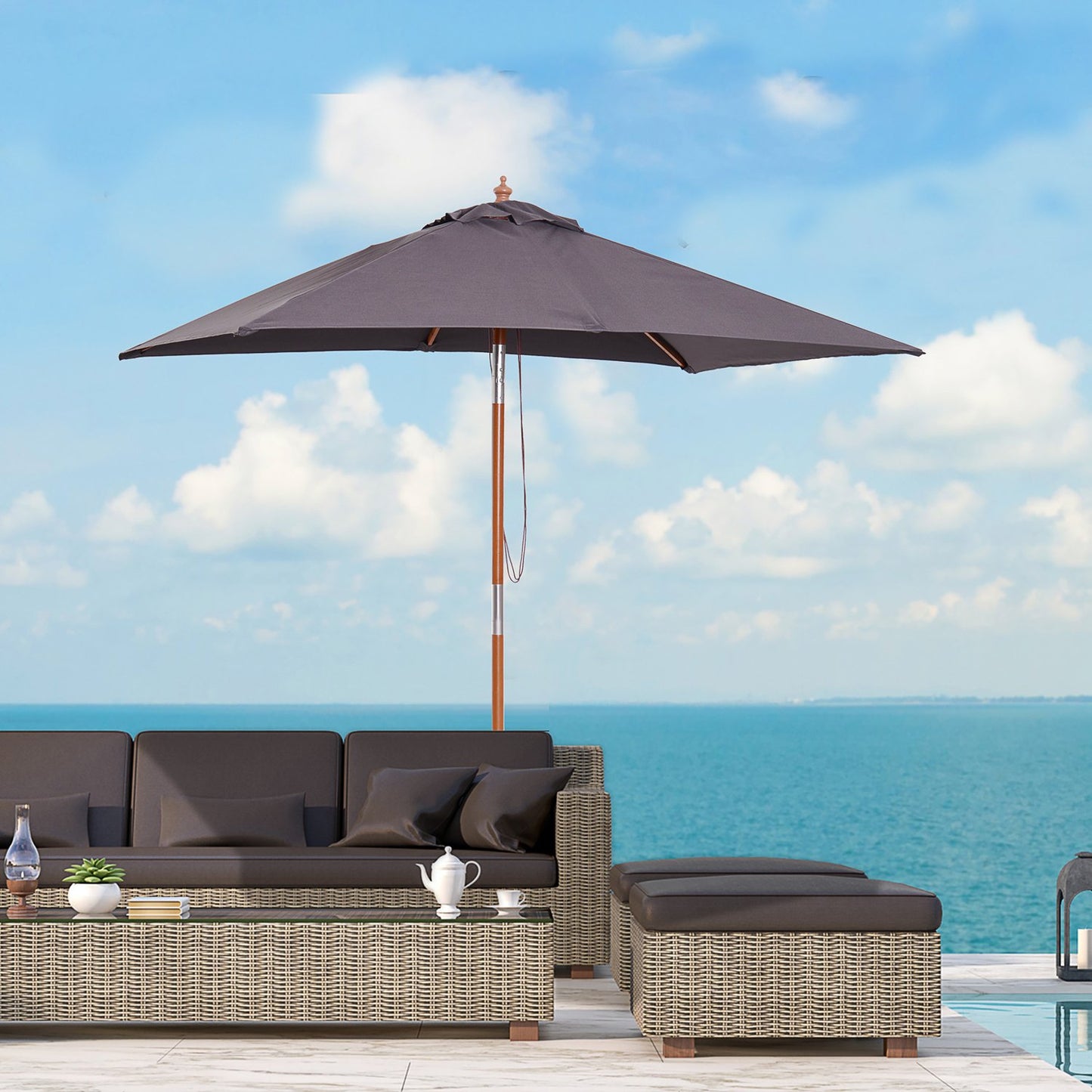 Folding Garden Umbrella - Fir Wood, Adjustable, Dark Grey