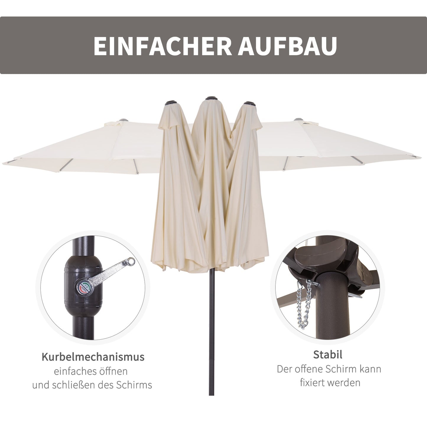 Beige Oval Double Garden Parasol with Hand Crank, 455x270 cm