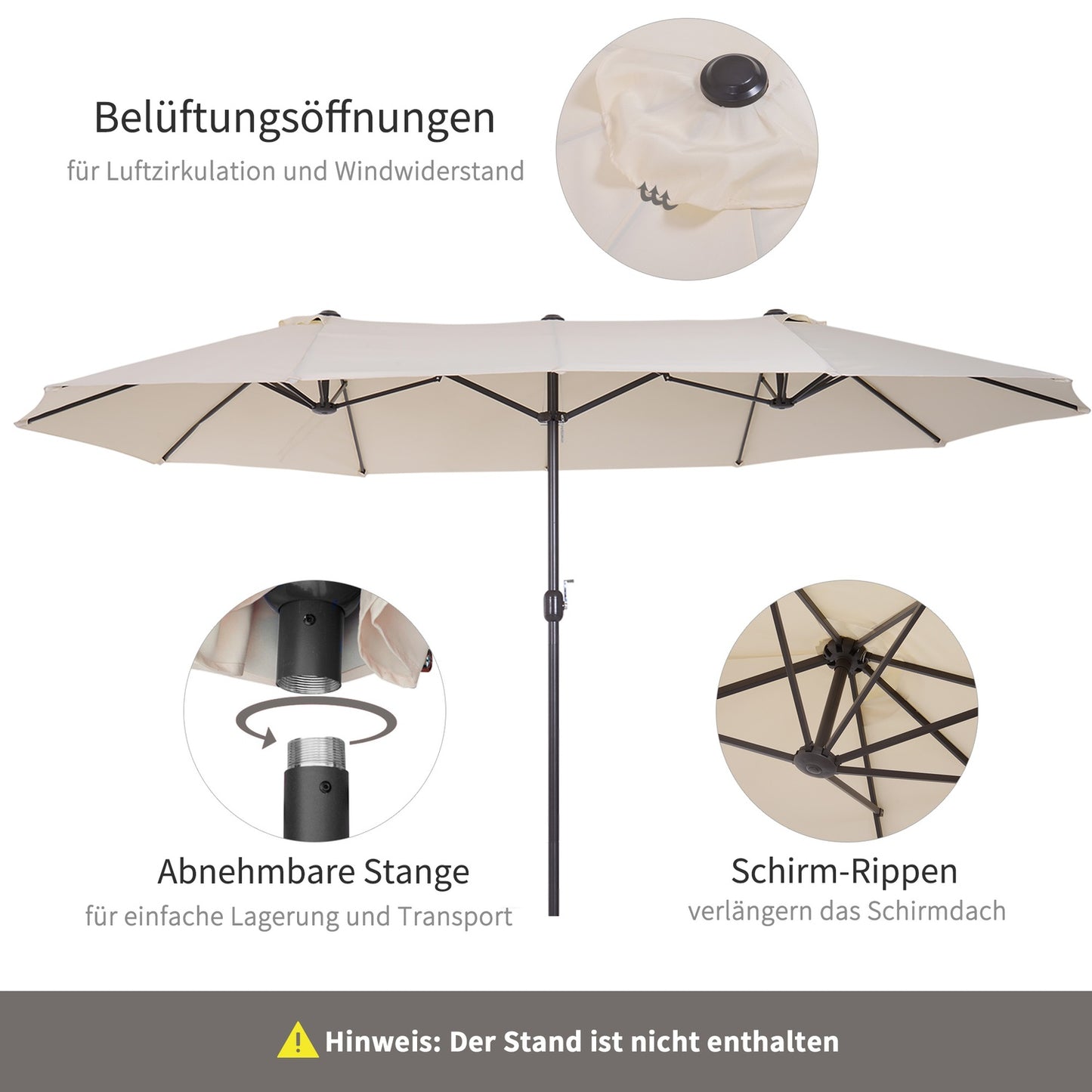 Beige Oval Double Garden Parasol with Hand Crank, 455x270 cm